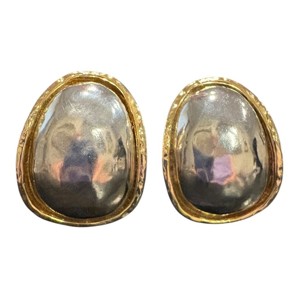 Vintage Two-Tone Dome Clip-On Earrings Gold Silver Oval Statement Retro 80s J14